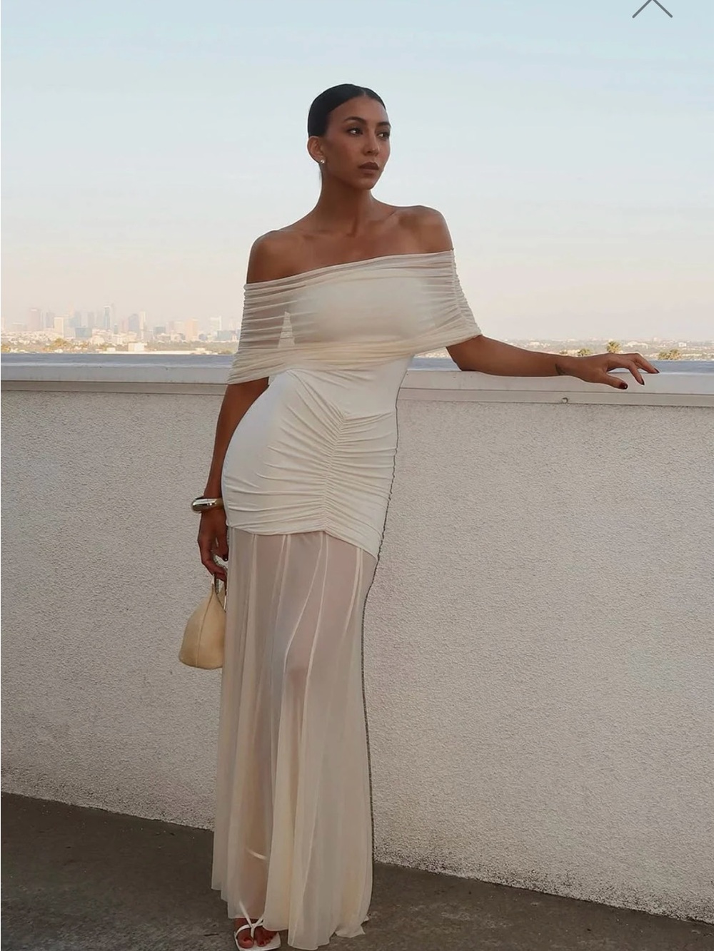 Meshki Ivory Off-Shoulder Ruched Mesh Maxi Dress